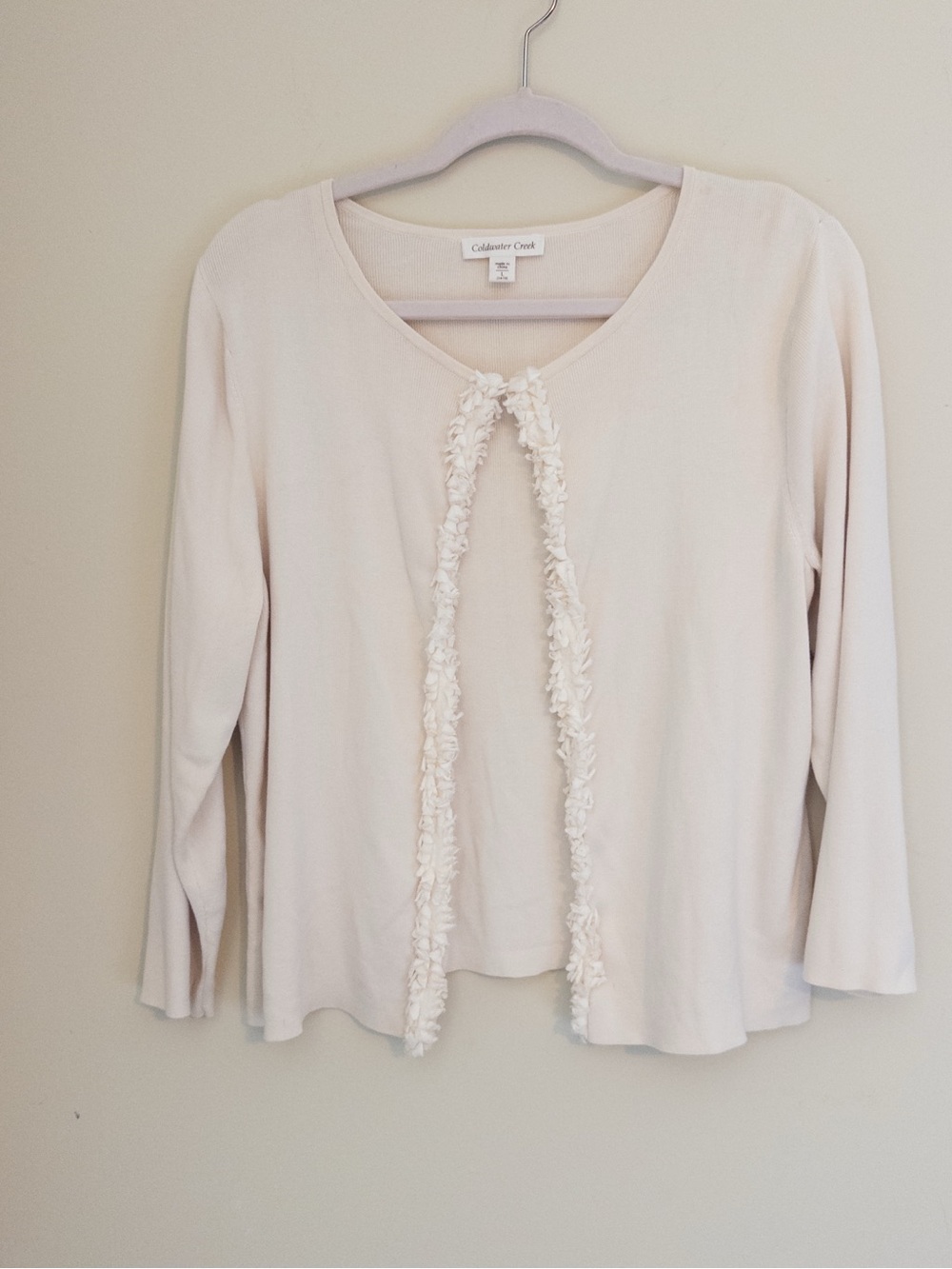 Silk Blend Coldwater Creek Cream Ruffle-Trim Long Sleeve Cardigan